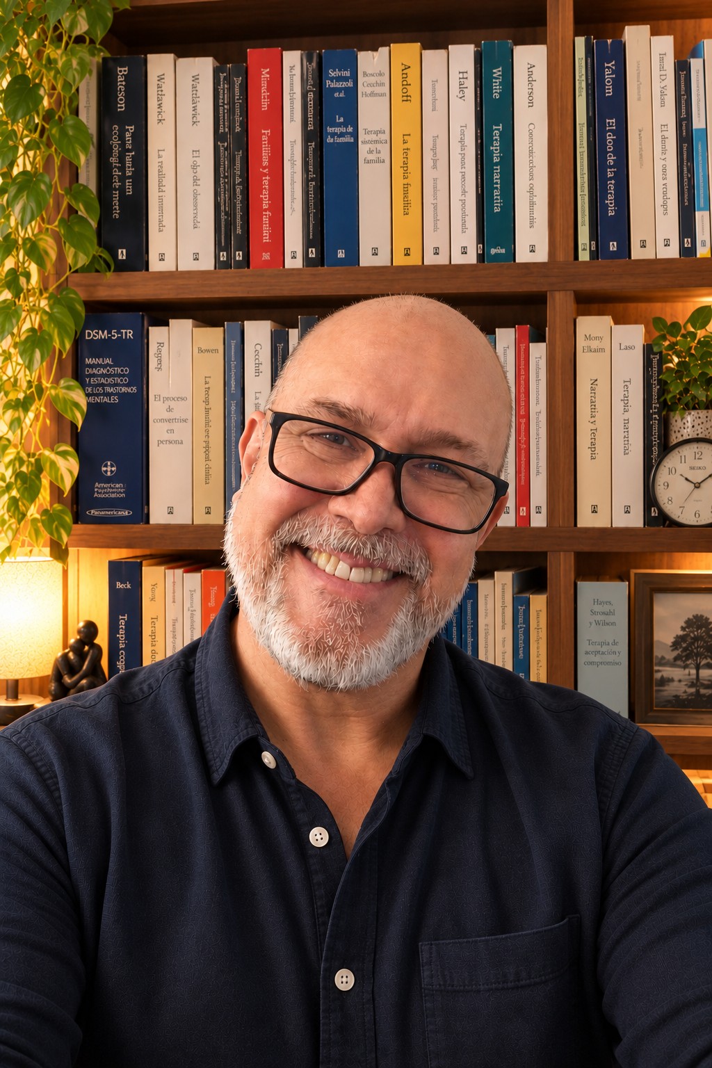 Enrique Jubés en su consulta, delante de una biblioteca de psicología